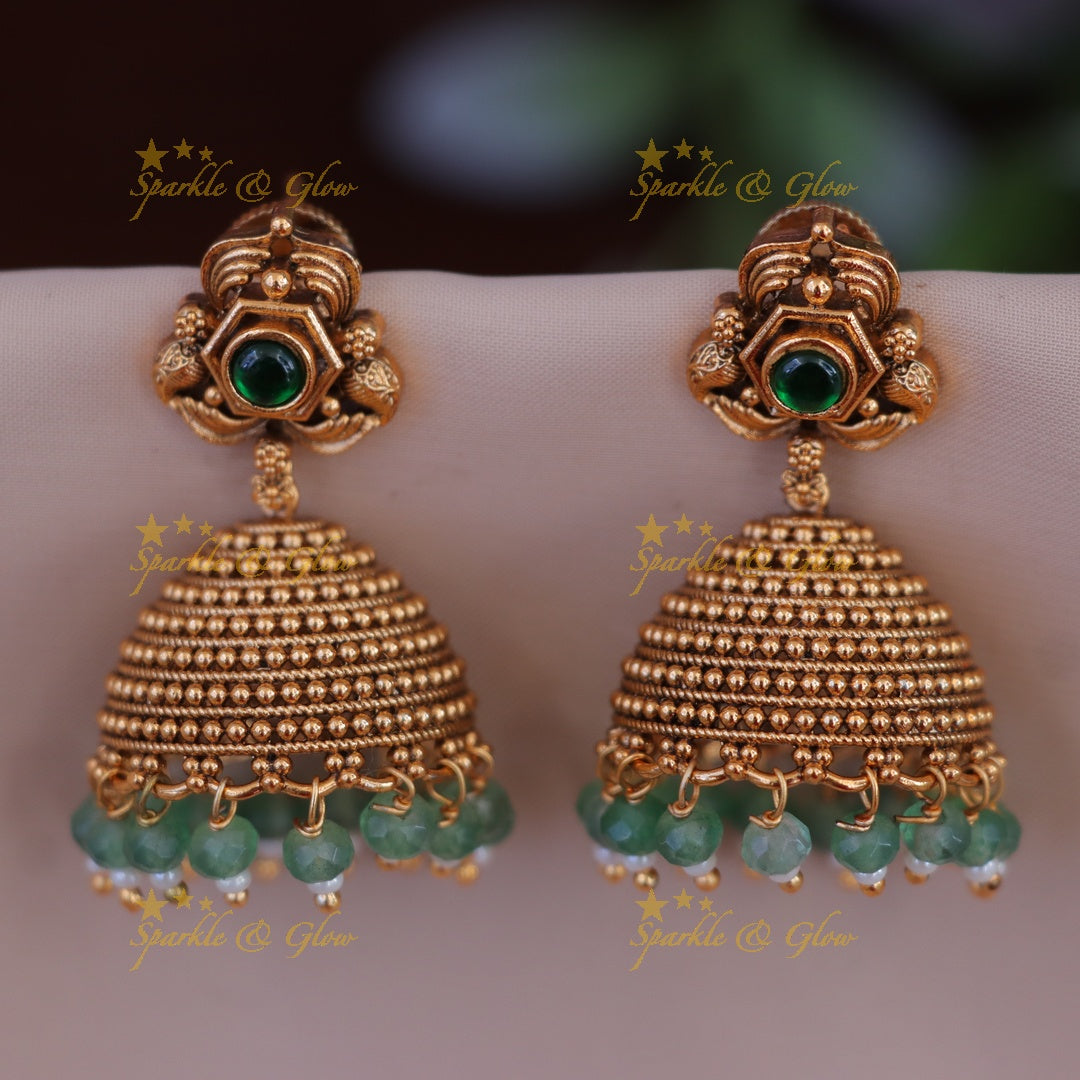 Exquisite Gold Jhumka Earrings with Glorious Green Stones