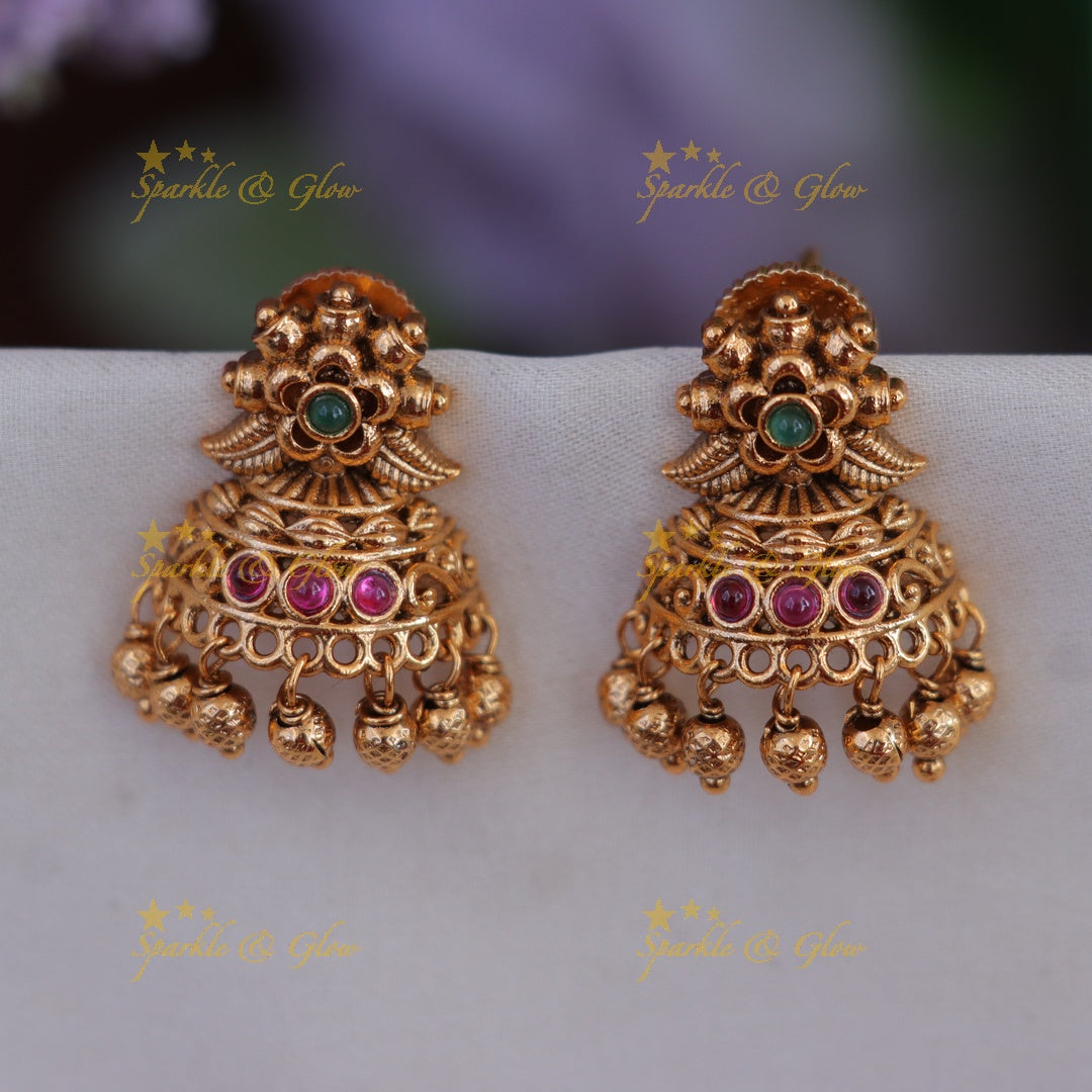 Exquisite Floral Gold Jhumka Earrings - Festive Elegance