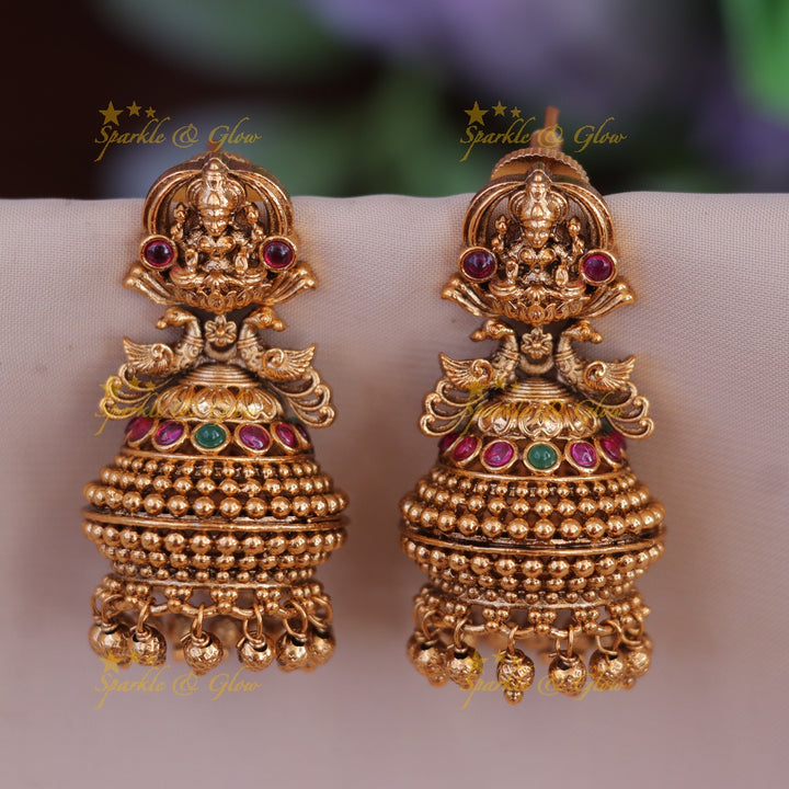 Exquisite Gold Peacock Lakshmi Jhumkas - Temple Collection