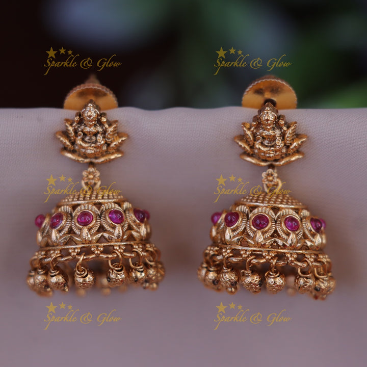 Exquisite Temple Gold Lakshmi Jhumka Earrings