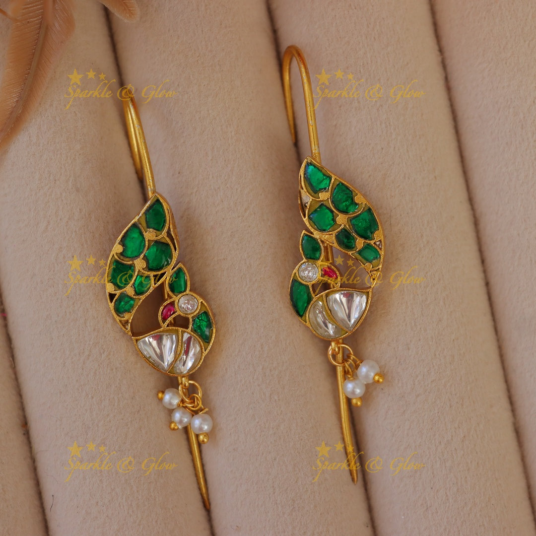 Exquisite Gold Peacock Earcuffs with Pearls & Elegance