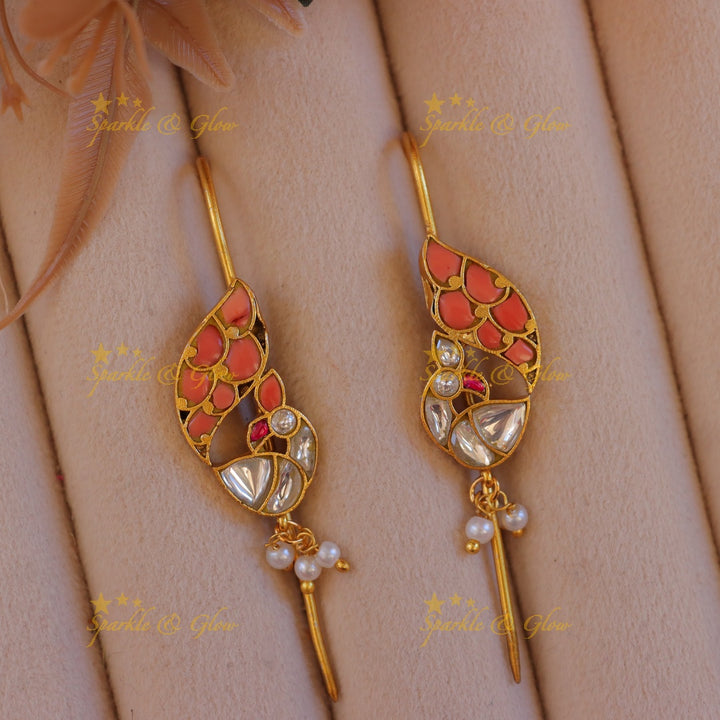 Exquisite Gold Peacock Earcuffs with Pearls & Elegance