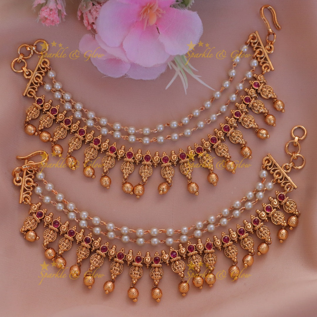 Exquisite Gold & Pearl Lakshmi Earchains - New Arrival