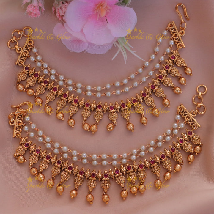 Exquisite Gold & Pearl Lakshmi Earchains - New Arrival