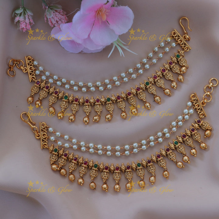 Exquisite Gold & Pearl Lakshmi Earchains - New Arrival