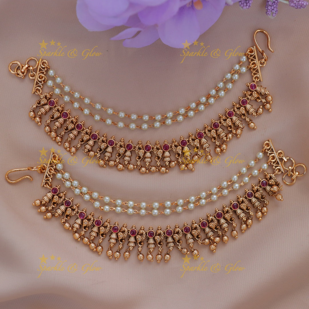 Elegant Peacock Pearl Gold Ear Chain | Festive Jewellery