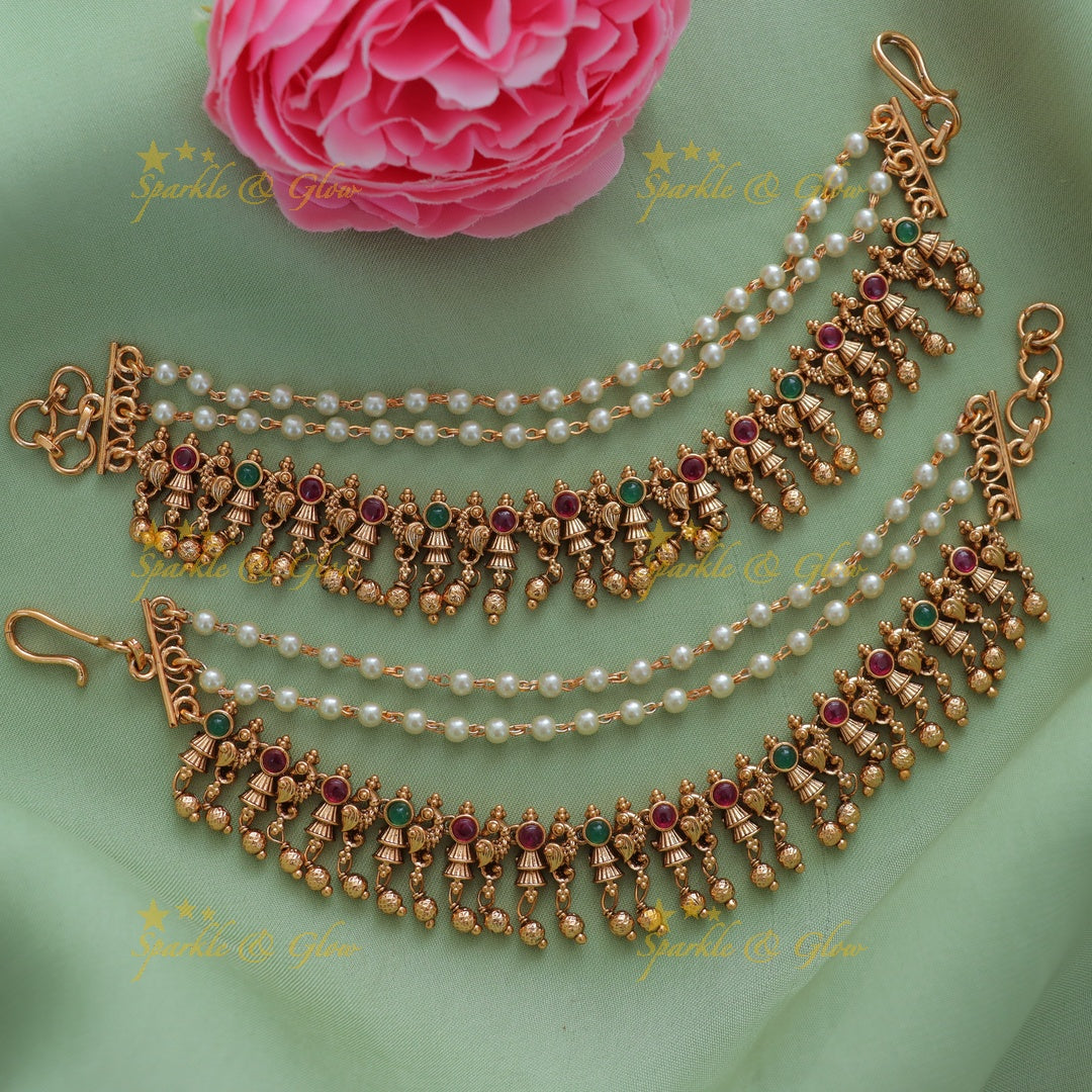 Elegant Peacock Pearl Gold Ear Chain | Festive Jewellery