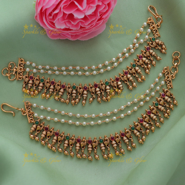 Elegant Peacock Pearl Gold Ear Chain | Festive Jewellery