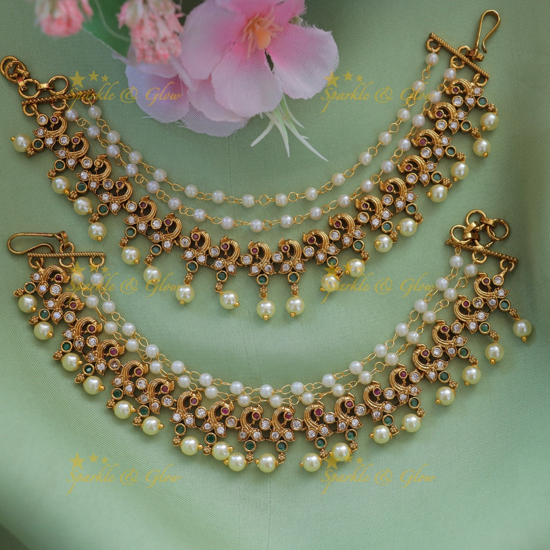 Exquisite Gold Peacock Ear Chain with Pearls