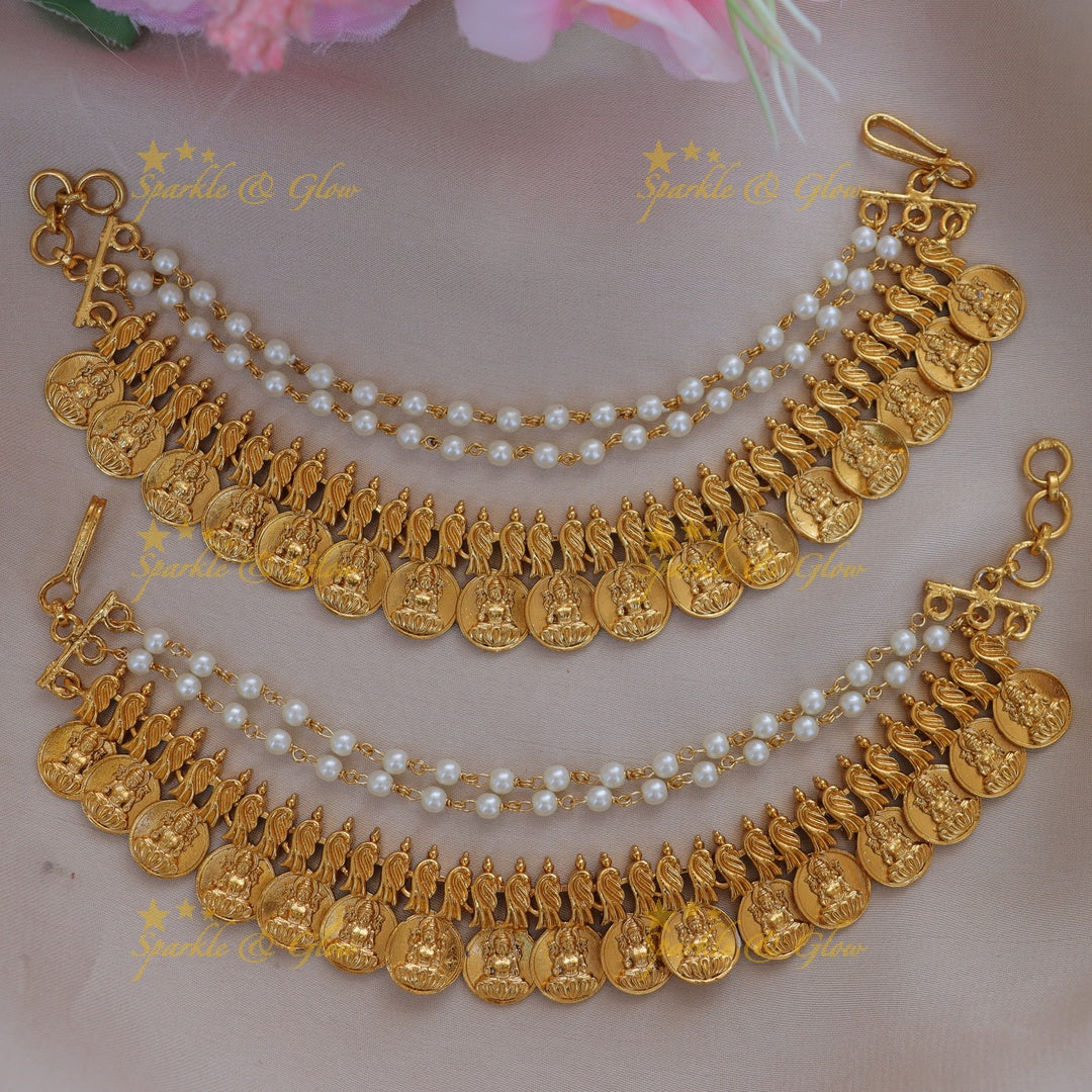 Majestic Peacock Lakshmi Coin Earchain for Elegant Celebrations