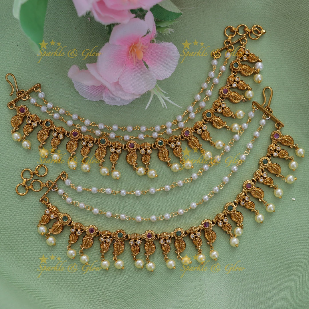 Elegant Mango Leaf Floral Earchain - Sparkle & Glow