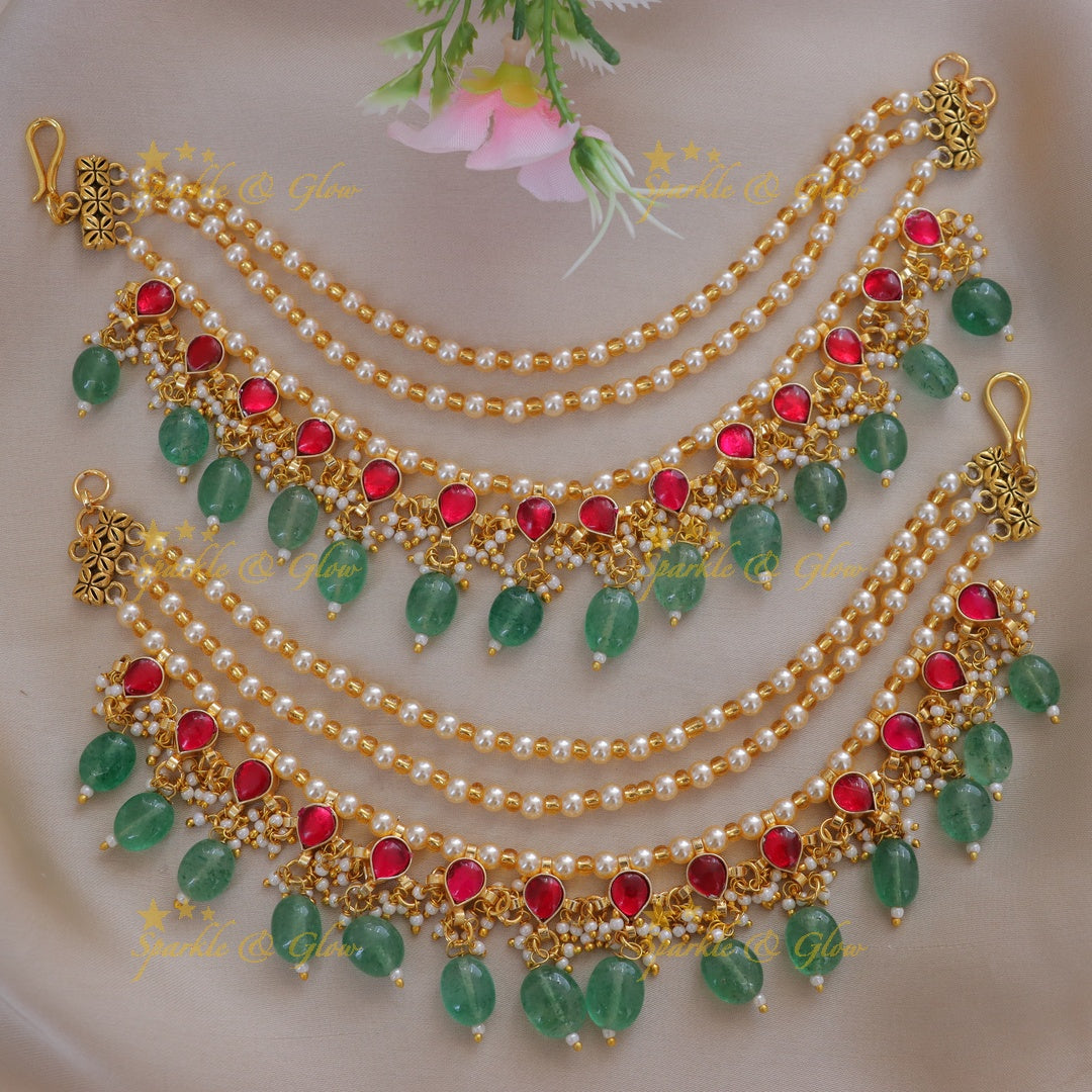 Exquisite Pearl & Green Bead Earchain for Weddings