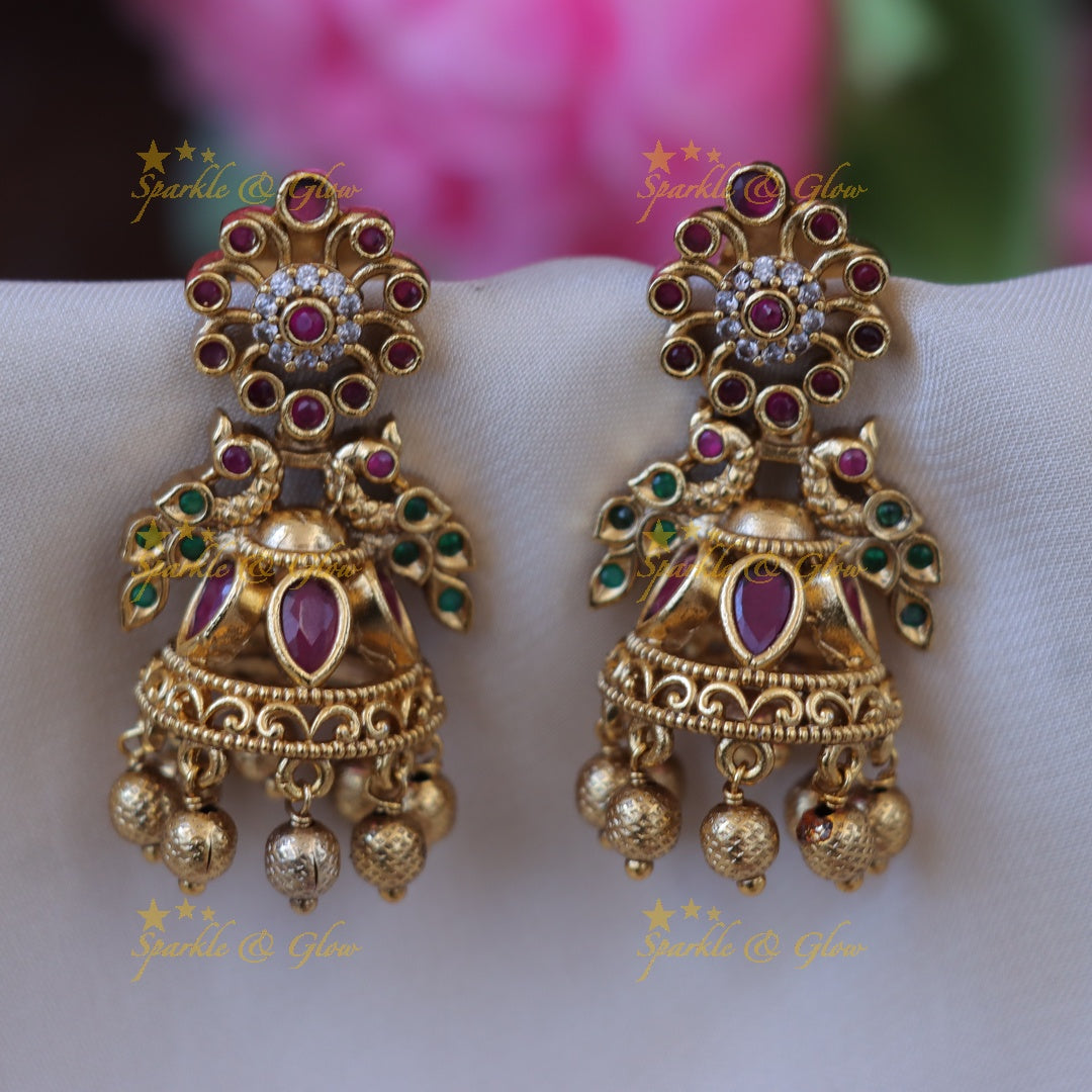 Peacock & Floral Gold Jhumka Earrings - Shop Now