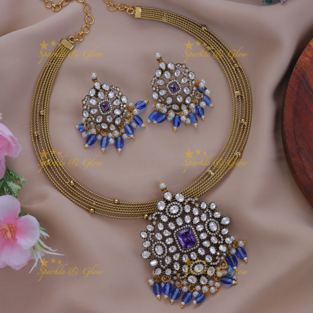 Victorian Blue Bead Necklace Set for Festive Glam