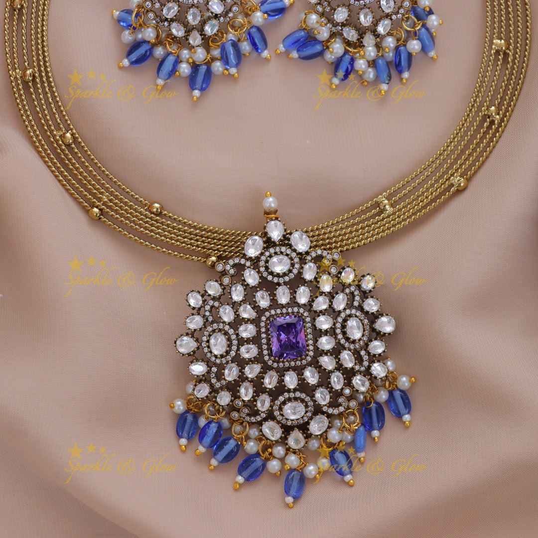 Victorian Blue Bead Necklace Set for Festive Glam