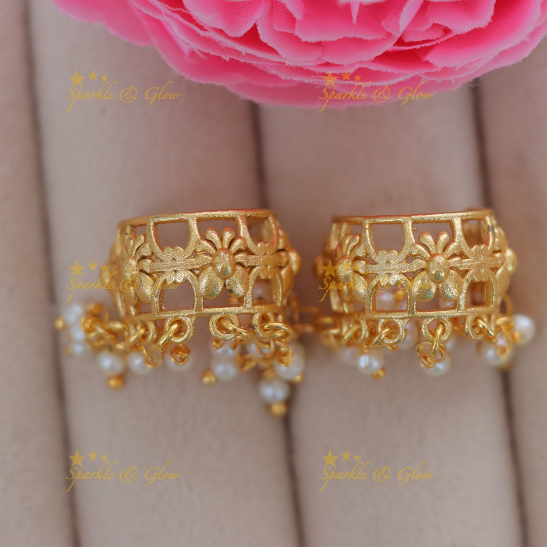 Elegant Gold Floral Bugadi Earrings with Pearls
