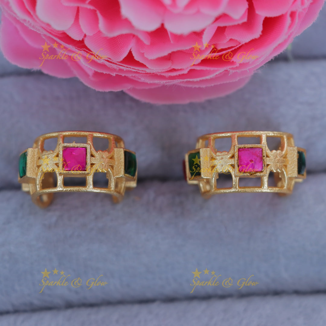 Elegant Gold Earrings with Floral Design & Square Stones