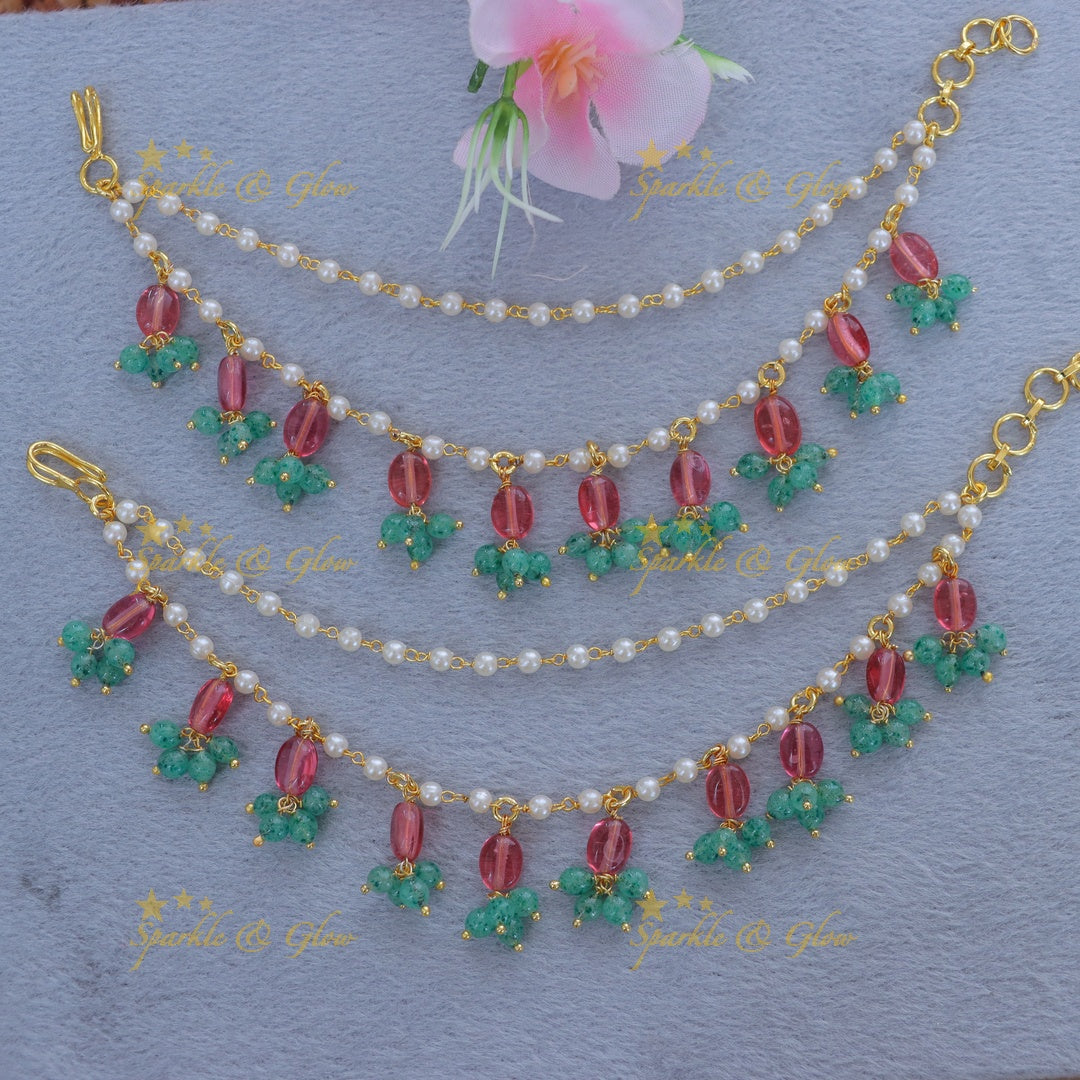 Enchanting Pearl & Green Bead Ear Chain - Festive Elegance