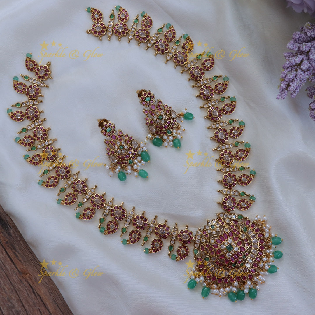 Exquisite Floral Mango Necklace with Green Beads