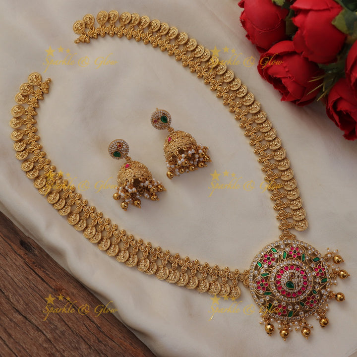 Exquisite Lakshmi Coin Peacock Necklace Set | Sparkle & Glow