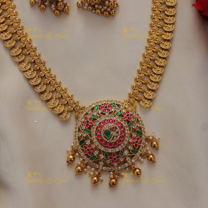 Exquisite Lakshmi Coin Peacock Necklace Set | Sparkle & Glow
