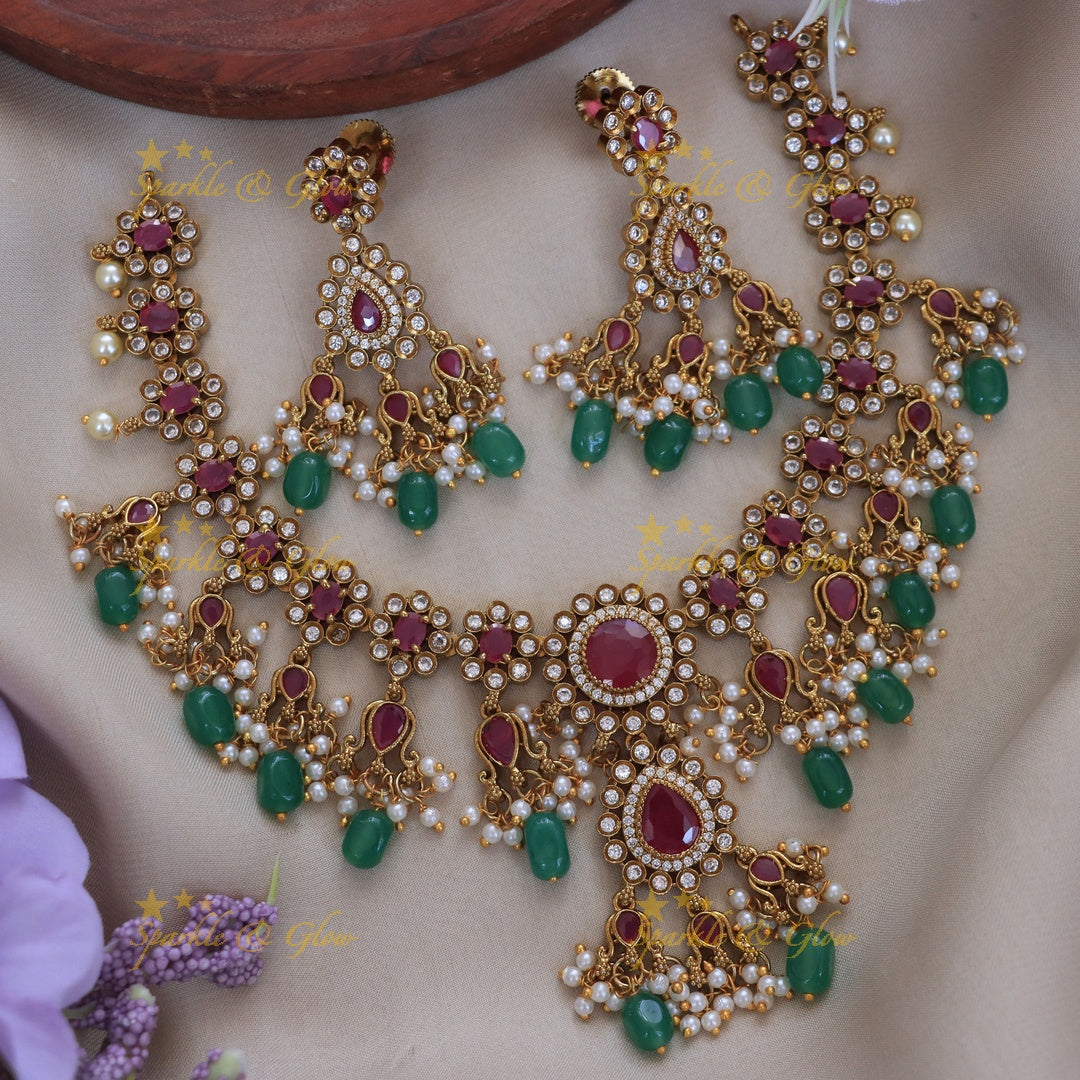 Exquisite Green Beads & Gold Necklace - Sparkle & Glow
