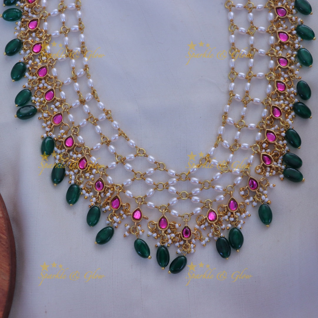 Graceful Pearl & Green Bead Necklace - Sparkle & Glow