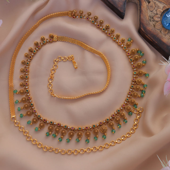 Elegant Gold Hip Chain with Green Beads for Festive Wear
