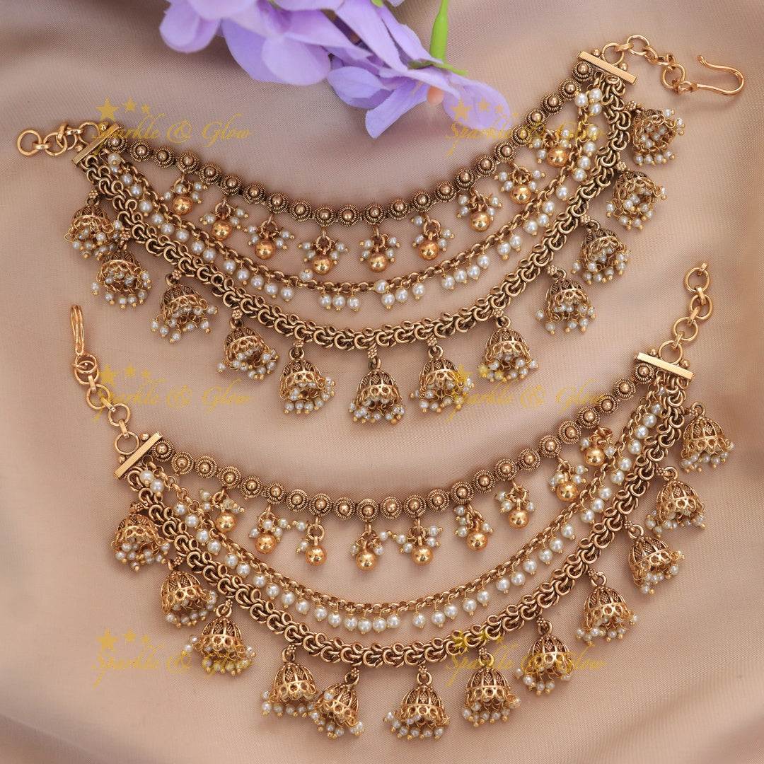 Dazzling Gold Beaded Jhumka Ear Chain for Festive Glam