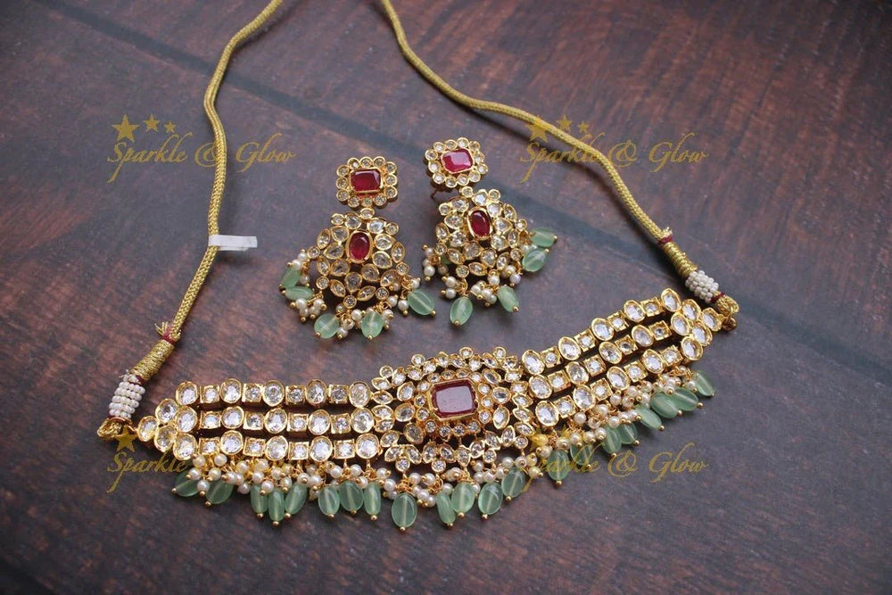Statement Cz stone choker with pastel green beads - Green - Sparkle and Glow