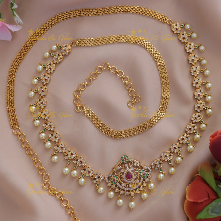 Elegant Floral Pearl Gold Hip Chain for Bridal Wear