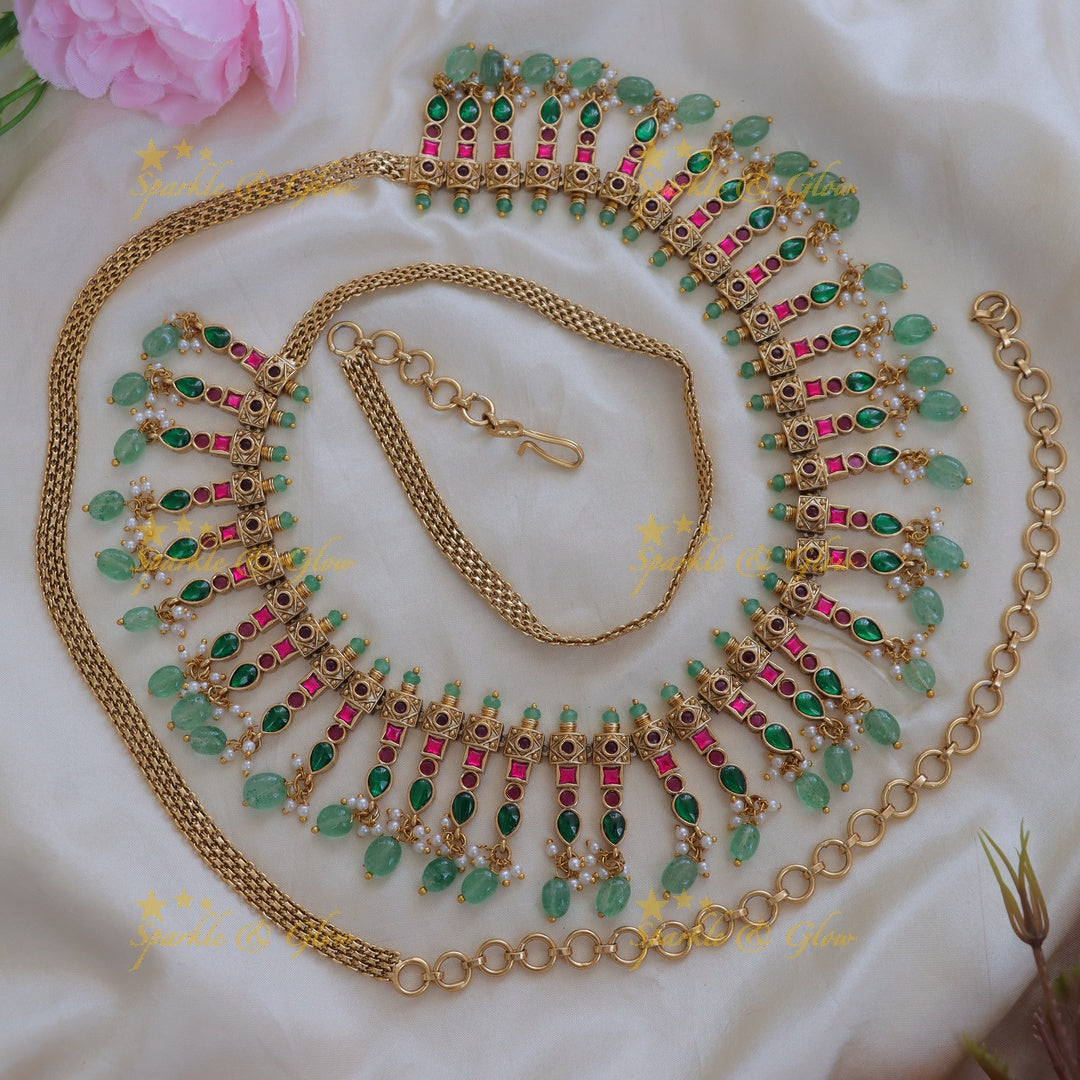 Exclusive Green Beads Gold Hipchain - Festive Elegance