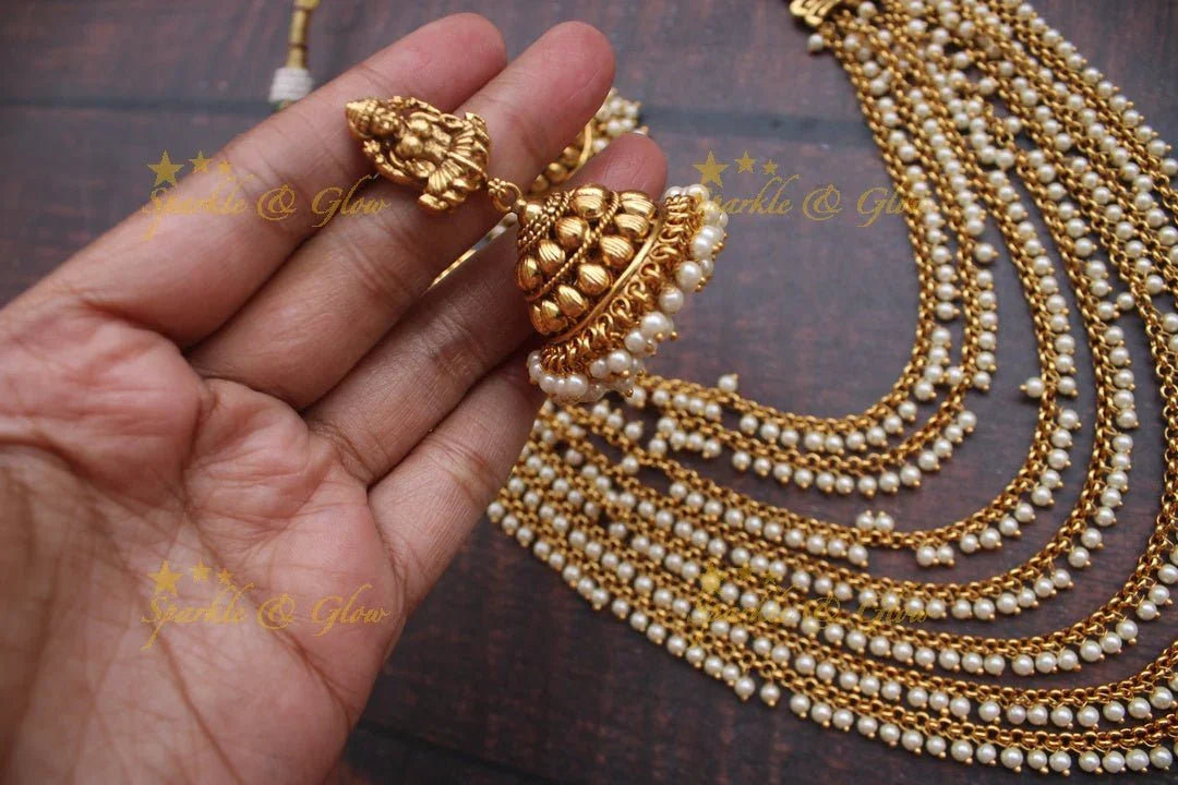 Elegant layered pearl Lakshmi haram - Sparkle and Glow