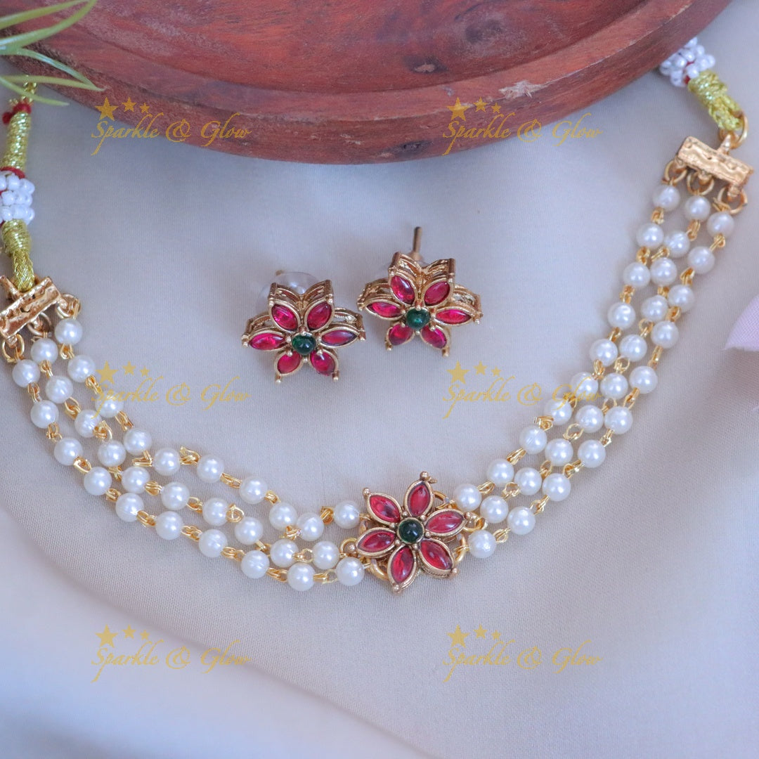 Exquisite Floral Pearl Choker Necklace Set with Studs
