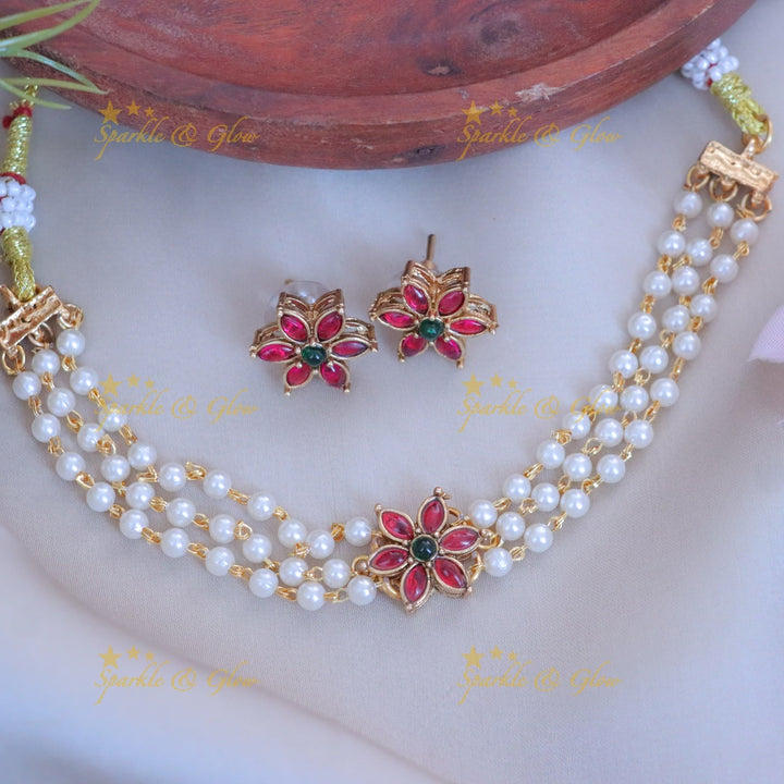 Exquisite Floral Pearl Choker Necklace Set with Studs