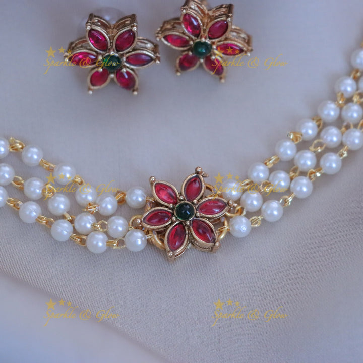 Exquisite Floral Pearl Choker Necklace Set with Studs