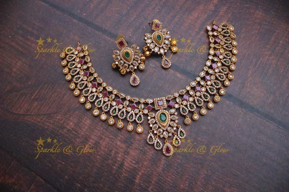 Gold alike statement CZ stone necklace with circular drops - Sparkle and Glow