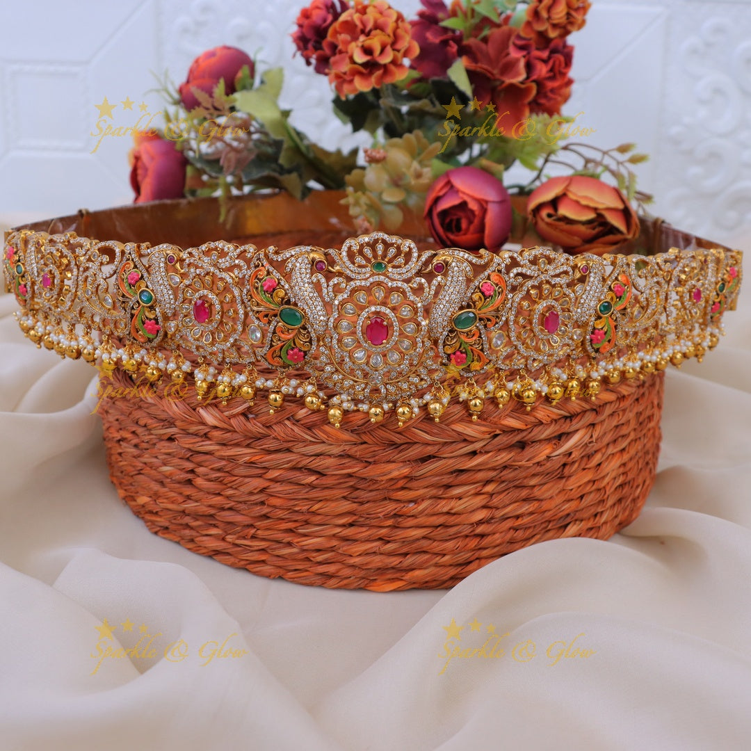 Elegant Floral Peacock Gold Hipbelt – Perfect for Weddings