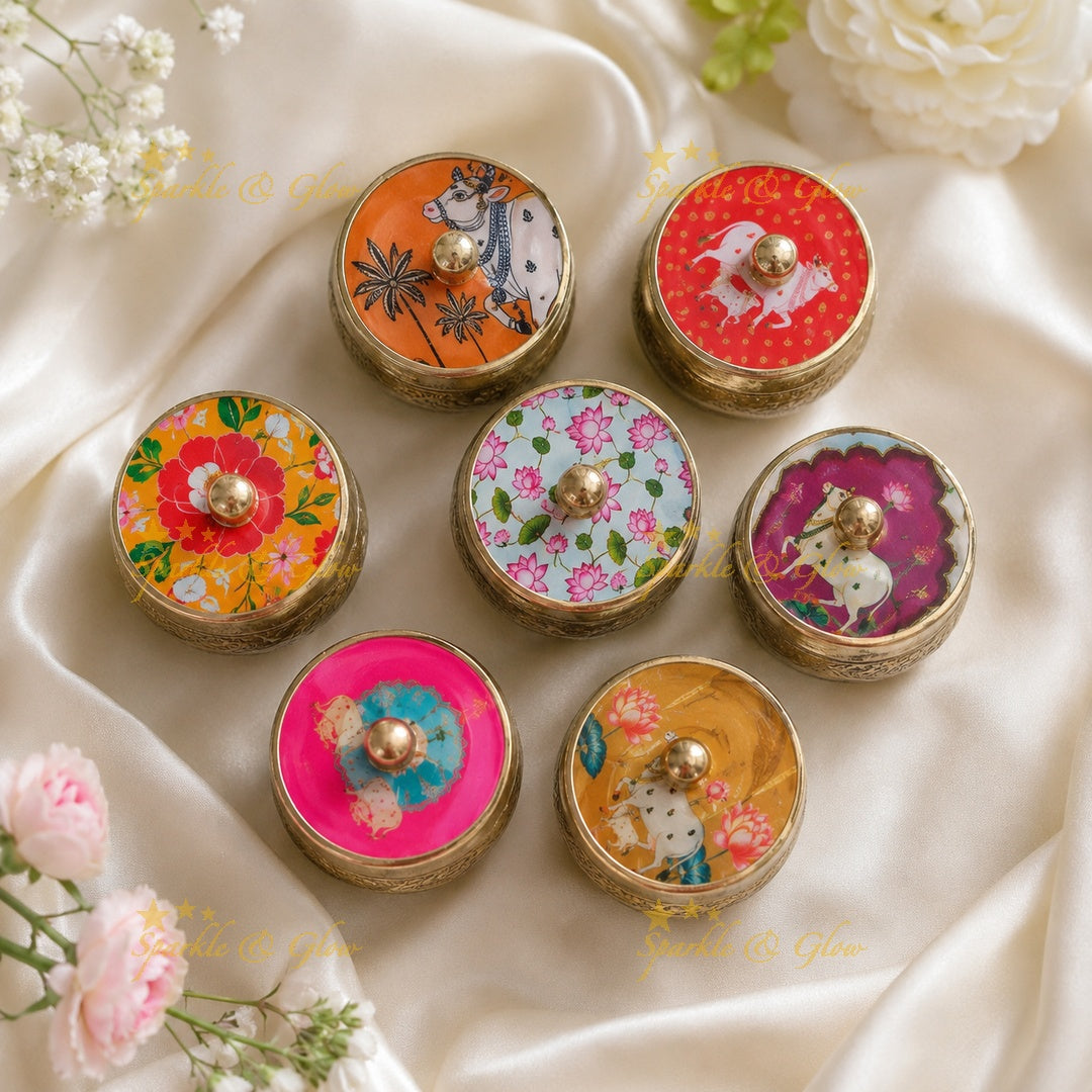Elevate Your Home with Exquisite Pichwai Print kumkum boxes Set of 7