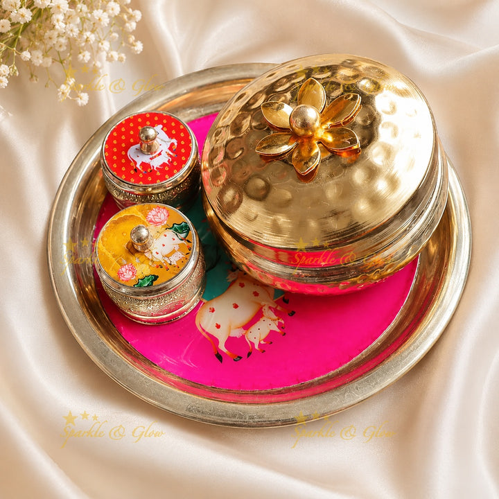 Elegant Kumkum Box & Gold Tray Set for Festive Gifts