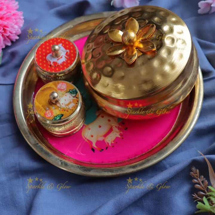 Elegant Kumkum Box & Gold Tray Set for Festive Gifts