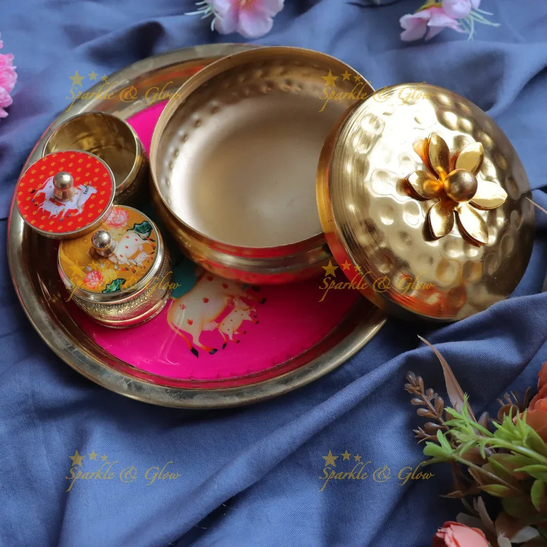 Elegant Kumkum Box & Gold Tray Set for Festive Gifts