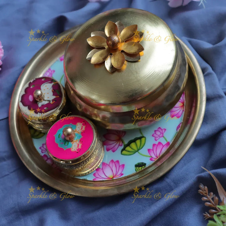 Elegant Kumkum Box & Gold Tray Set for Festive Gifts