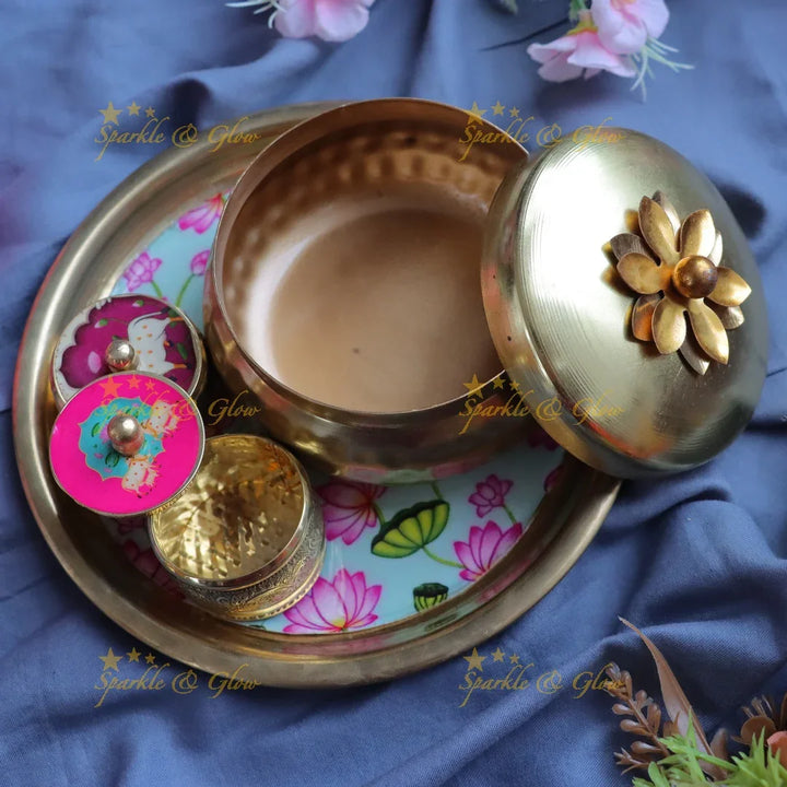 Elegant Kumkum Box & Gold Tray Set for Festive Gifts