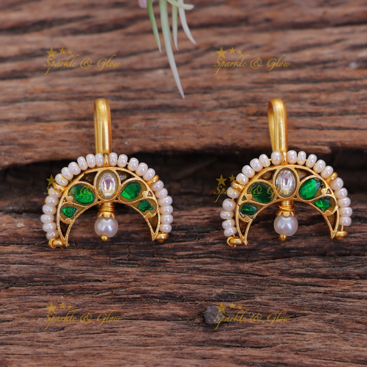 Crescent Jadau Kundan Bugadi Earrings with Pearls
