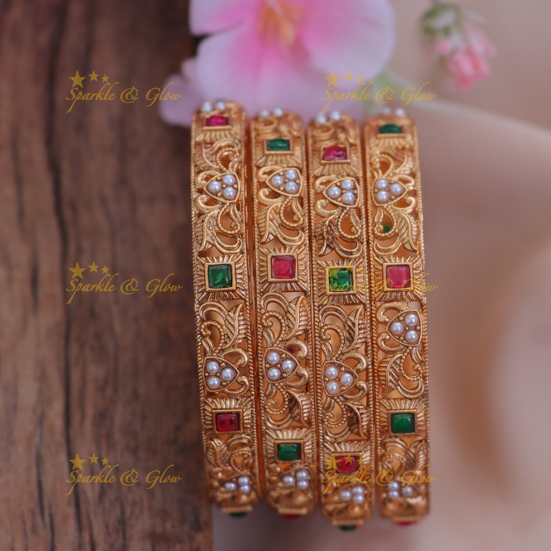 Exquisite Pearl Leaf Bangles - Elegant Gold Design