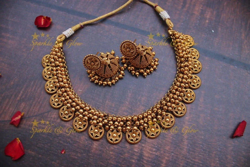 Gold alike antique pearl cluster floral necklace - Sparkle and Glow