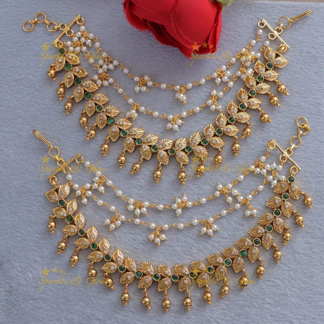 Pearl Leaf Gold Earchain - Classic Festive Jewelry