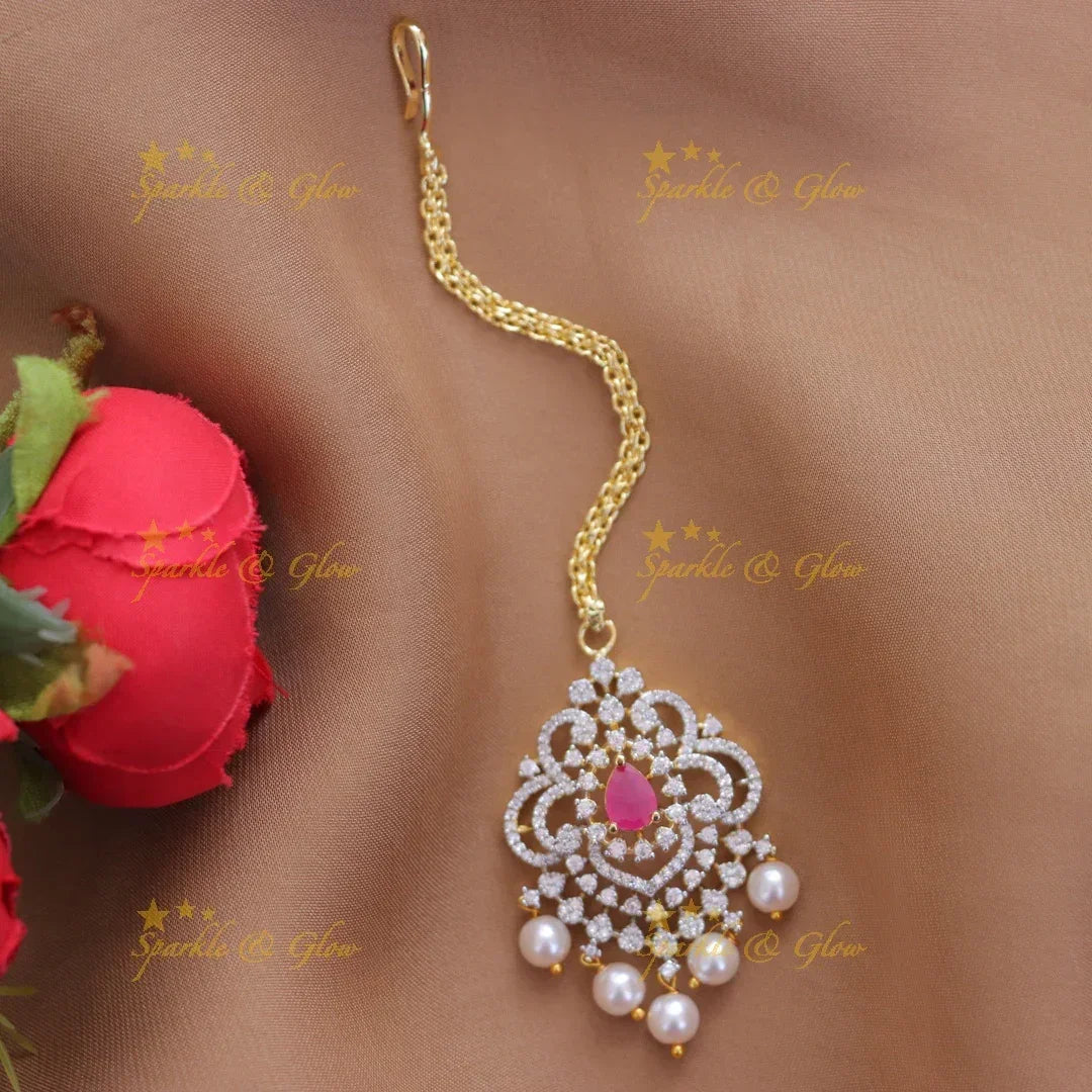 Exquisite Gold Polish Maang Tikka with Pearls | Sparkle & Glow