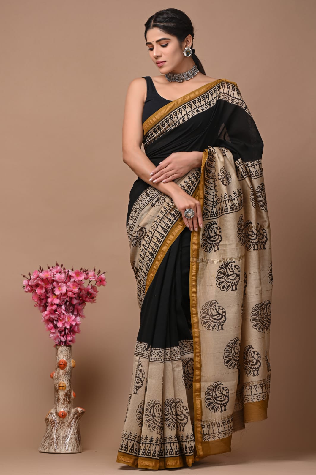Elegant Chanderi Silk Saree - Festive Handblock Design